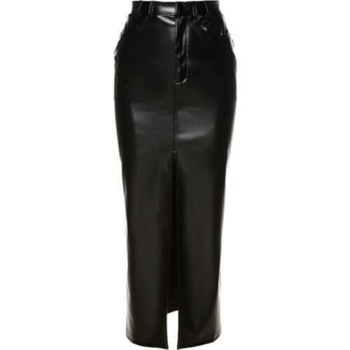 Womens Faux Leather Split Front Pencil Skirt Spring Autumn Casual High Waist Bodycon Skirts Clubwear