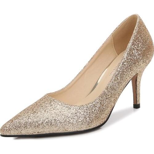 2020 New Autumn Elegant Sequin High Heels Office Shoes Pointed Shallow Mouth Sexy Womens Shoes Nightclub Style Single Shoes 46