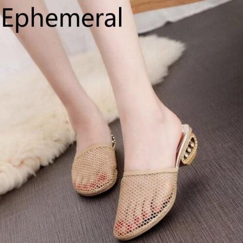 Women Crystal Heel Square Slides Closed Toe Mesh Breathable Slippers Low Heels Plus Size 43-35 Gold Black 2019 New Arrivals