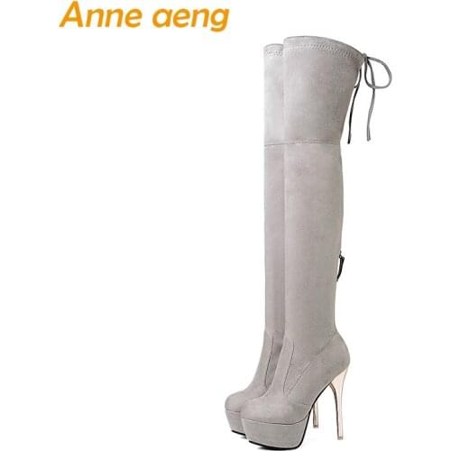 2019 ladies winter kid suede shoes high thin heels plush lining women over the knee boots platform sexy black boots size 34-43