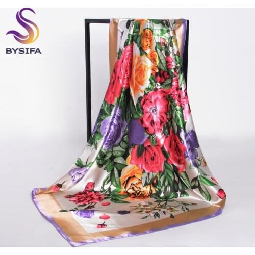 [BYSIFA] Ladies Khaki Square Scarves Wraps 90*90cm Muslim Women Headscarves Spring Autumn All-match Female Neck Scarf Silk Scarf