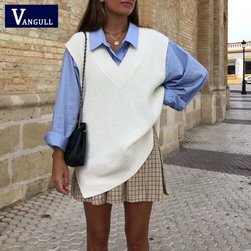 Vangull Women V Neck Sleeveless Sweater Vest Knitted 2020 Autumn Winter Split White Korean Preppy Pullover Loose Casual Top