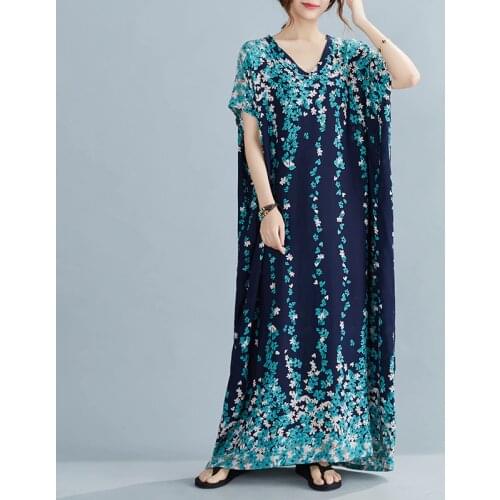 Batwing Sleeve Oversized Dress Cotton Satin Thin Soft Loose Summer Dress Print Floral Long Maxi Women Travel Casual Beach Dress