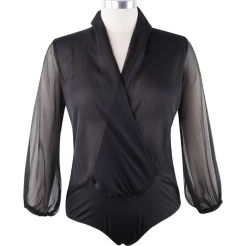 Neatie kiddie Black V-Neck Long Lantern Sleeve Sexy See-through Mesh Bodysuit For Women Fashion Elegant Body Femme Jumpsuit