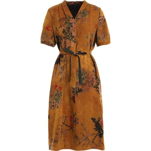 Gowani Chinese retro flower printed V-neck belted silk short sleeve casual dress