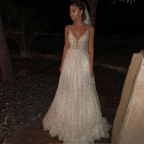 A Line Princess Wedding Dresses Sexy Spaghetti Strap Glitter Tulle Bridal Gowns vestidos de novia Custom Made