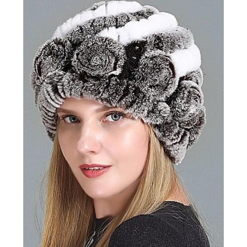 Winter Women 100% Natural Real Fur Hats Lady Warm Soft Knit Flower Striped Genuine Rex Rabbit Fur Caps Outdoor Fur Beanies Hats