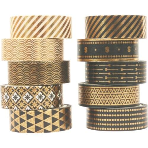 10Rolls/Set Black Gold Foil Washi Tape Set Paper Festival DIY Scrapbooking Adhesive Masking Tape Decorative Sticky Washi Tape