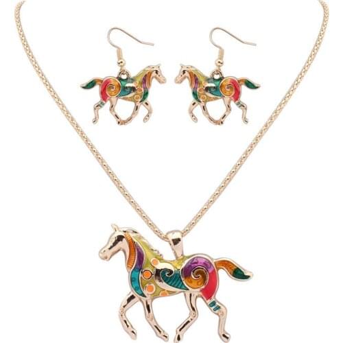 2016 Vintage Colorful Enamel Horse Jewelry Sets High Quality Silver Multicolor Hook Earring Pendant Party Gifts