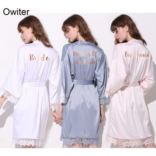 Owiter 2019 Pink Matt Satin Bride Bridesmaid Robe Lace Bridal Robes Wedding Party Gift Gown Bathrobe Kimono Women Sleepwear