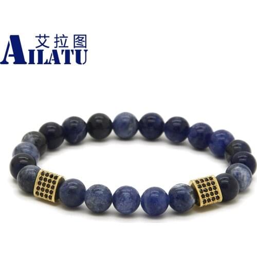 Ailatu Wholesale 10 Pieces 8mm Blue Veins Stone with Triangle Cubic Zirconia Men Energy CZ Bracelet Party Gift Jewelry