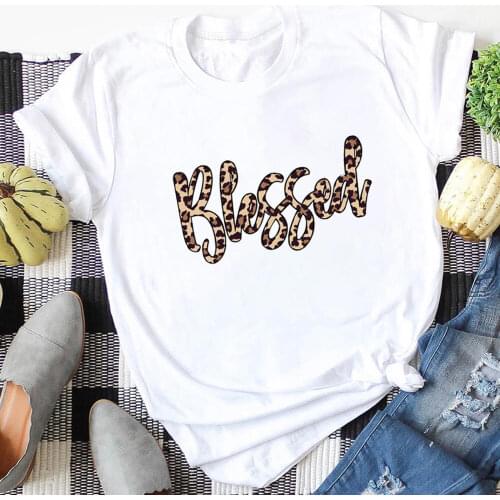 Blessed Leopard Printed 100%Cotton Women Tshirt Womens Summer Casual Short Sleeve Top Blessed Tee Faith Shirt Christian Shirts