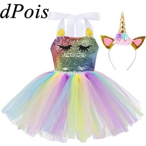 Kids Roleplay Girls Colorful Dresses Cartoon Animal Shiny Sequins Mesh Tutu Dress for Childrens Day Theme Party Cosplay Costume