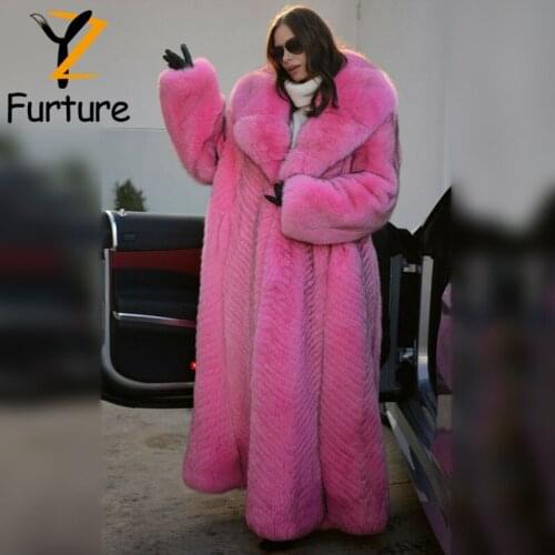 Long Fashion Women Pink Real Fox Fur Coat Lapel Thick Collar Natural Whole Skin Fox Fur Overcoat Warm Winter Outerwear Fur Coats