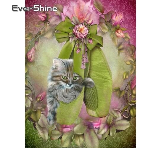 Evershine Diamond Painting Full Drill Cat Flower Diamond Embroidery Animals Diamond Mosaic Painting Cross Stitch Home Decoration