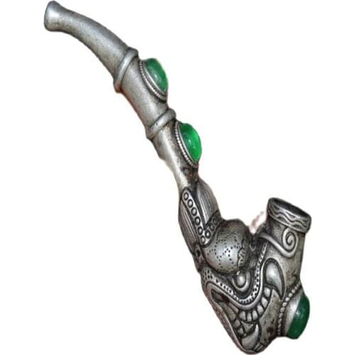 China folk old Tibetan silver-embedded ice green jade Tibetan silver pipe