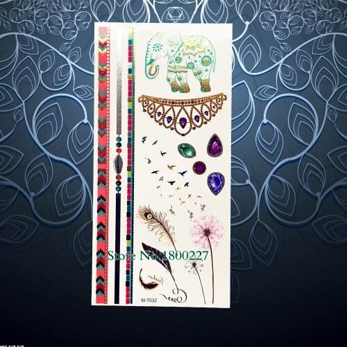 Crystal Gem Design Fake Henna Gold Temporary Tattoo Women Sexy Makeup Body Art Arm Tattoo Elephant 21x10CM Dandelion Birds Tatoo