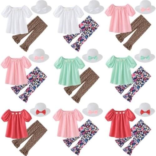 Cute Baby Girls Clothing Casual Baby Girl Clothes Set Outfit Baby Summer Beach Outfit Clothe Tops +horn Pants + Hat 3PCS Suit