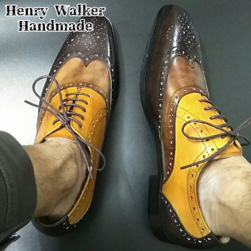 Men Oxford Shoes Genuine Leather Brogues Mixed Color Classic Style Men Dress Shoes Wing Tip Lace up Wedding Office Formal Shoes