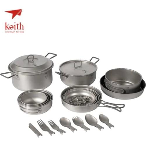 Keith Titanium Camping Set Cooking Pots Bowls Large Outdoor For 4-5 Person 21 Pcs In 1 Lot Picnic Cookware Tablewares Set Ti6201