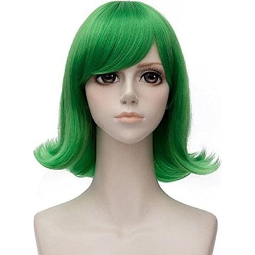 35cm Short Curly Wigs Inside Out Disgust Green Side Bangs Synthetic Cosplay Wig Hair + Wig Cap
