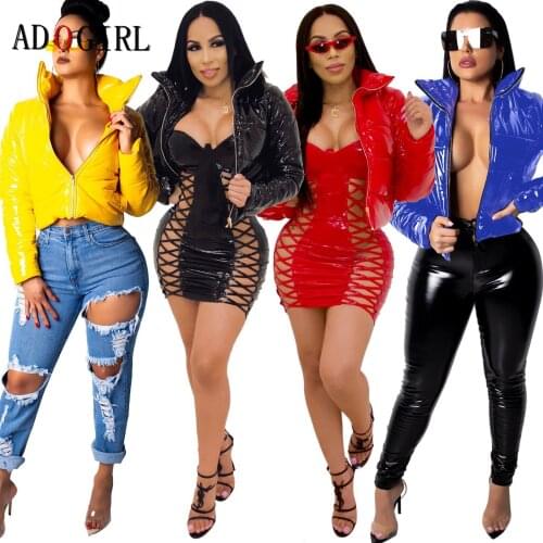 Adogirl Womens Winter Thick Warm Short Parkas Winter PU Leather Jacket Stand Collar Solid Down Coat Female Plus Size Overcoats