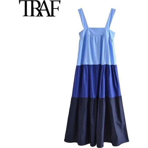 TRAF Women Fashion Patchwork Striped Midi Dress Vintage Backless Elastic Wide Straps Female Dresses Vestidos Mujer