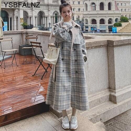 Woolen Coats Female New Winter Plaid Korean Loose Thicken Double Breasted Lapel Vogue Womens Jackets Vintage Clothing Belt