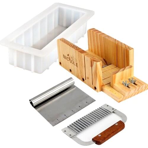 Silicone Mold Soap Making Tool Set-4 Adjustable Wooden Loaf Cutter Box 2 Pieces Stainless Steel Blades and 10''Mould