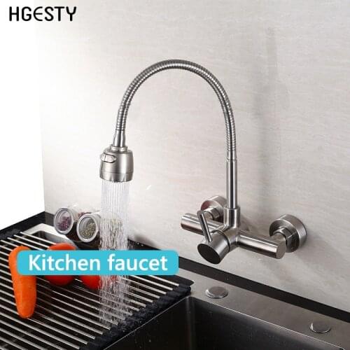 Stainless Steel Kitchen Basin Faucet Wall Mounted Sink Faucet Tap Cold and Hot Mixer Tap 360 Degree Rotation Single Handle Tap