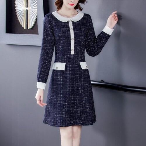 High Quality Fashion Houndstooth Tweed Dresses New Autumn Winter Women Doll Collar Long Sleeve Elegant Office Vesitdos