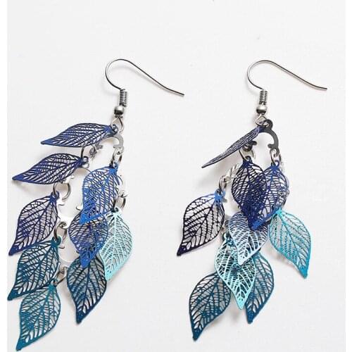 High Quality Fashion Vintage Drop Earrings Gold Color Leaf Colorful Feather Pendant Long Tassel Hanging For Women Earrings
