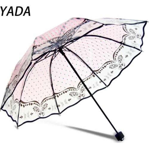 YADA High Quality Transparent Umbrella Three Folding Rainy Printed Butterfly Flower Umbrellas For Women Clear Parapluie YD210026