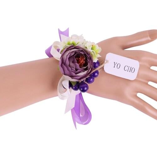 YO CHO Creative Purple Rose And Pearl Wrist Flowers For Wedding Party Decor Prom Bridal Bridesmaid Sisters Flowers Quinceanera