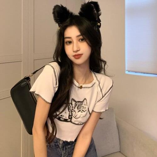 Female Korean Harajuku Ins Cat Print Tshirt Womens T-shirts Tops Japanese Kawaii Ladies Ulzzang Clothes For Women