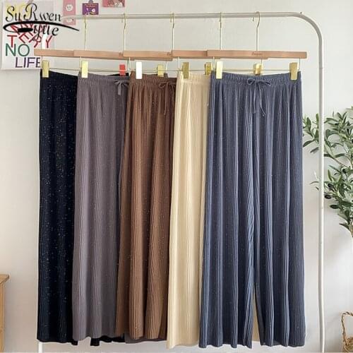 High Waist Pants Women Loose Pleated Casual Women Pants Drape Elastic Waist Shiny Straight Solid Wide Leg Trousers 10377