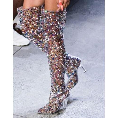 Luxury Rhinestone PVC Runway Boots Clear Transparent Square Heels Over The Knee Tight High Boot Colorful Crystal Women High Boot