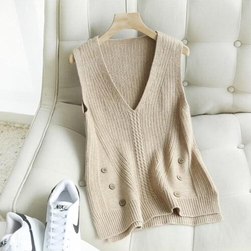 Women Spring Autumn Solid V-neck Knitted Vests Female All-match Sleeveless Sweaters Ladies Casual Elegant Shrug Pullovers Z103