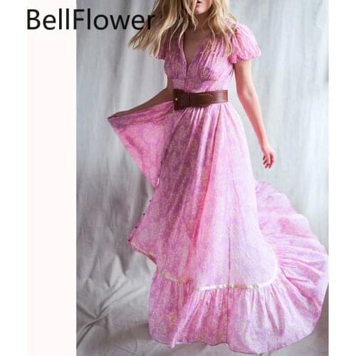 Pink Print Swing Women Dress 2021 Bohemian Puff Sleeve V-Neck Summer Buttons Loose Holiday Party Fashion Clothing Wholesale