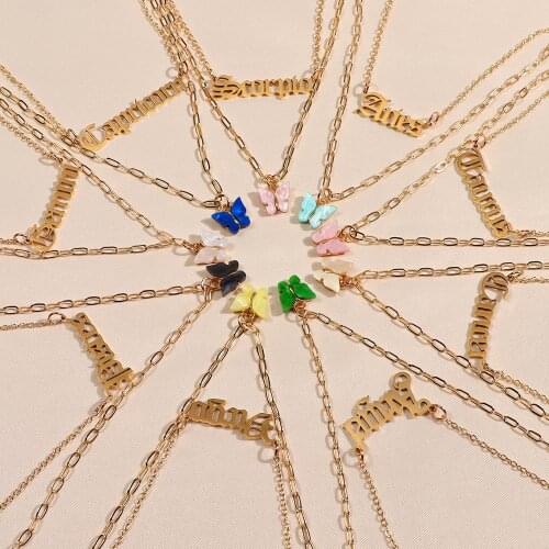 Caraquet Golden Multilayer 12 Constellation Pendant Necklaces For Women Fashion Acrylic Butterfly Choker Necklaces Party Jewelry