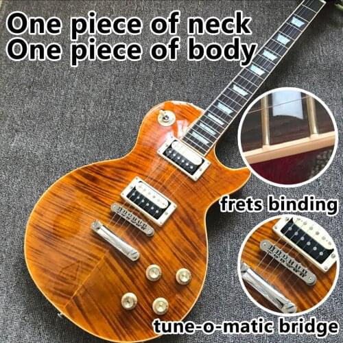 One piece Neck one piece body electric guitar in sunburst ,Upgrade Tune-o-Matic bridge guitar Tiger Flame guitar