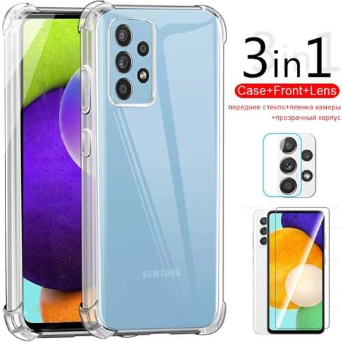 For samsung a52 case 3in1 transparent case for samsung galaxy a52 a 52 52a sm-a526b tempered glass camera lens phone cover coque