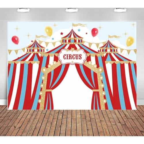 Birthday Circus Backdrop Party Golden Flags Blue Red Stripes Children Balloon Stars Background Photo Photocall Banner