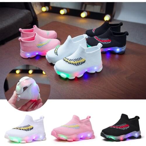 LED Kids Sneakers Children Baby Luminous Socks Shoes Girls Boys Mesh Sport Sneaker Light Up Flying Knit Feather Glowing Sneaker