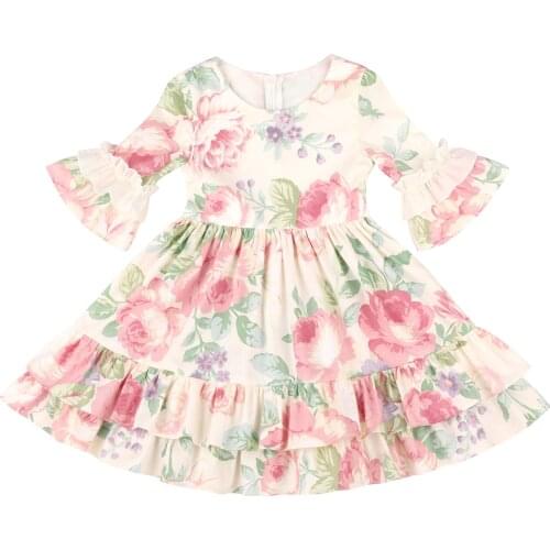 Flofallzique Baby Girls Dresses Floral Round Neck 4/3 Sleeve Comfortable Cotton Spring and Autumn Kids Toddler Clothes