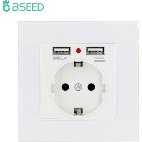 BSEED Europe Standard Wall Socket With USB Single Crystal Mirror Glass Panel Electrical Outlet 3 Colors White Color