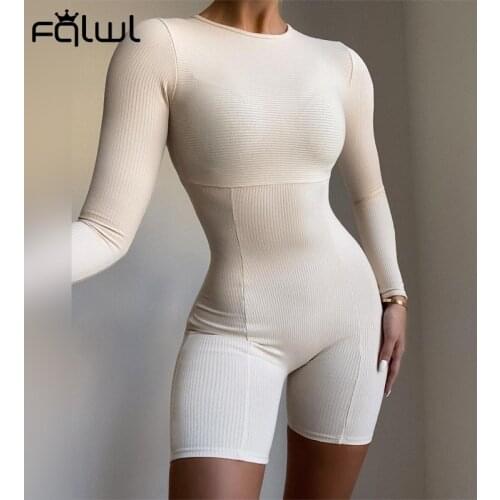 FQLWL Long Sleeve Rompers Womens Jumpsuit Female One Piece Outfit Ribbed Black White Short Bodycon Jumpsuit Women Playsuit 2021