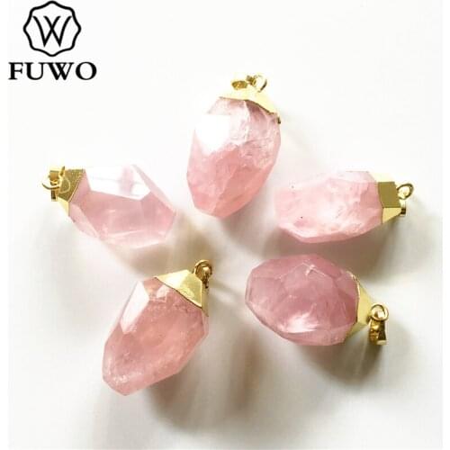 FUWO Natural Pink Quartz Pendant With Gold Brass Plated Faceted Geometric Design Semi Precious Jewelry Wholesale PD328
