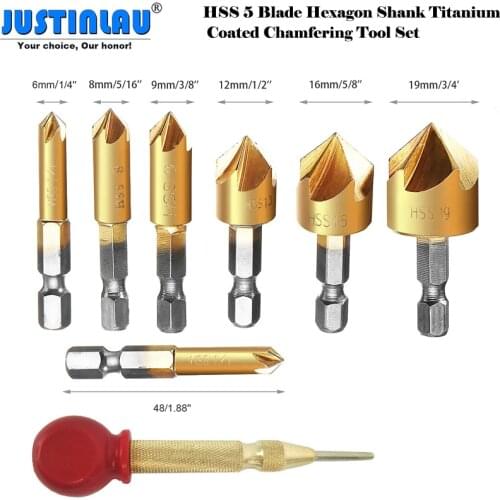 HSS 6-19 Mm Countersunk Bit 5 Flute Hexagon Shank Titanium-coated Chamfering Tool Set with Automatic Center Pin Punch Spring