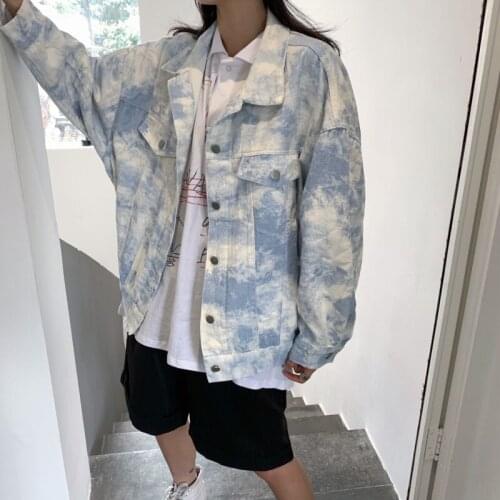 Spring Autumn Fashion Women Tie Dye Denim Jeans Jackets 2021 Stylish Single Breasted Casual Shirts Blue Oversize Coat